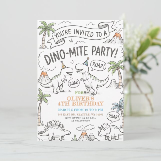 Color Me Dinosaur Birthday Party Invitation (Standing Front)