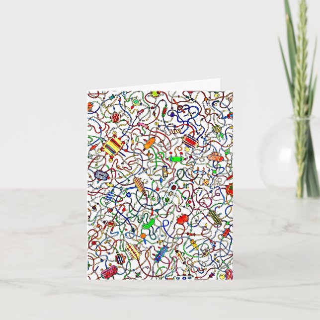 Color Tangled Electrical Wiring Cartoon Folded Note Card (Front)