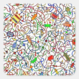Color Tangled Electrical Wiring Cartoon Square Sticker