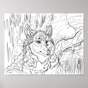 Color Your Own Wolf Cavern Line Art Poster