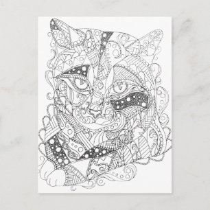 Colorable Cat Abstract Art Adult Colouring Postcard