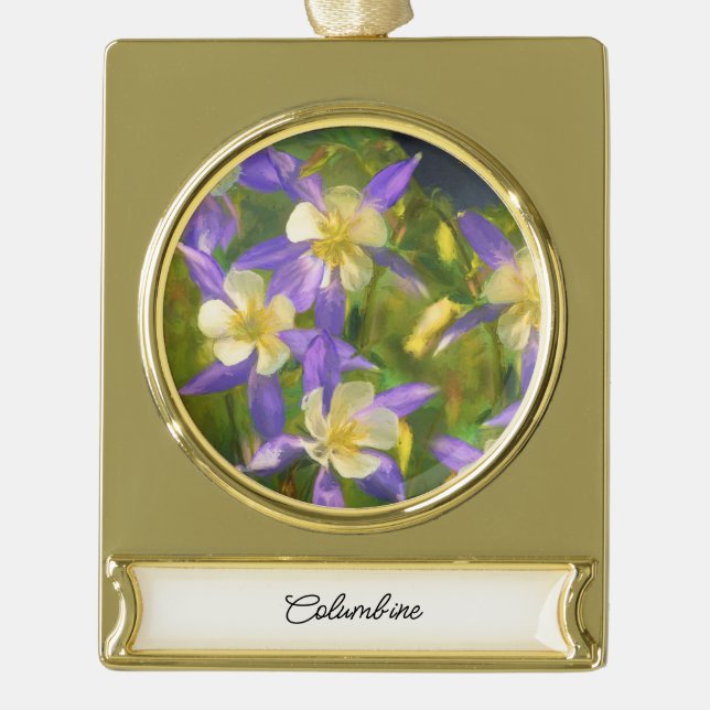Colorado Blue Columbine Painting - Original Art Gold Plated Banner Ornament (Front)