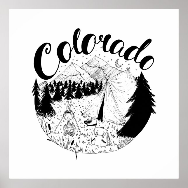 Colorado Camping Outdoors Ink Illustration Poster (Front)