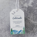 Colorado Destination Wedding Welcome Gift Tags<br><div class="desc">These Colorado destination wedding welcome gift tags are perfect for an outdoor wedding. The design features a blue and green painted wilderness landscape with watercolor pine trees, birds and mountains. Personalise the tags with the location of your wedding, a short welcome note, your names, and wedding date. These tags are...</div>