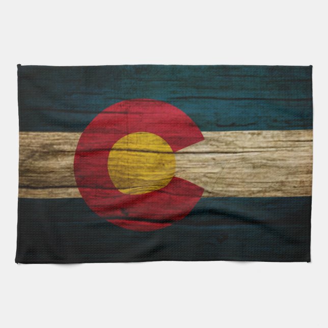 Colorado Flag Rustic Old Wood Tea Towel (Horizontal)
