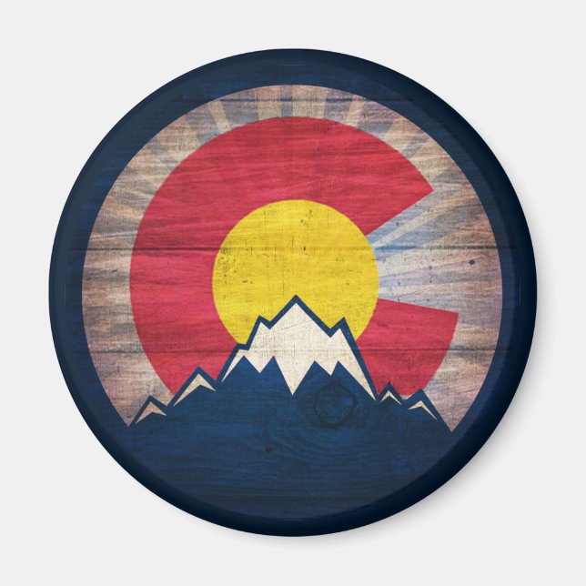 Colorado flag rustic wood mountain magnet (Front)