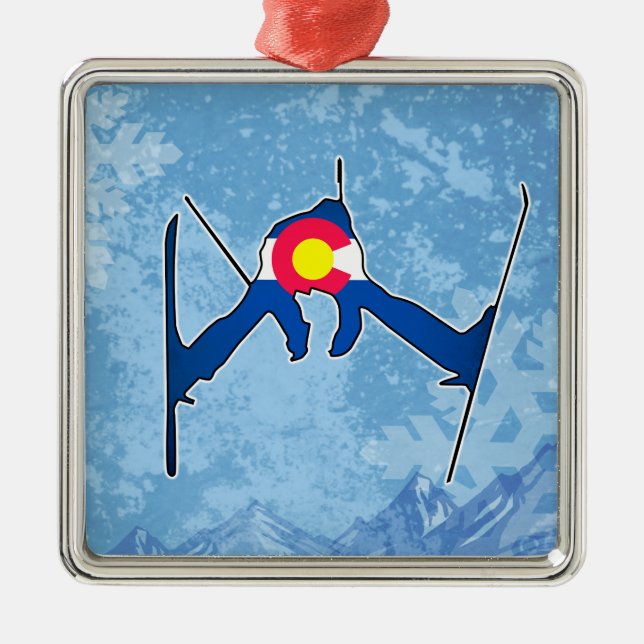 Colorado flag skier winter square ornament (Front)