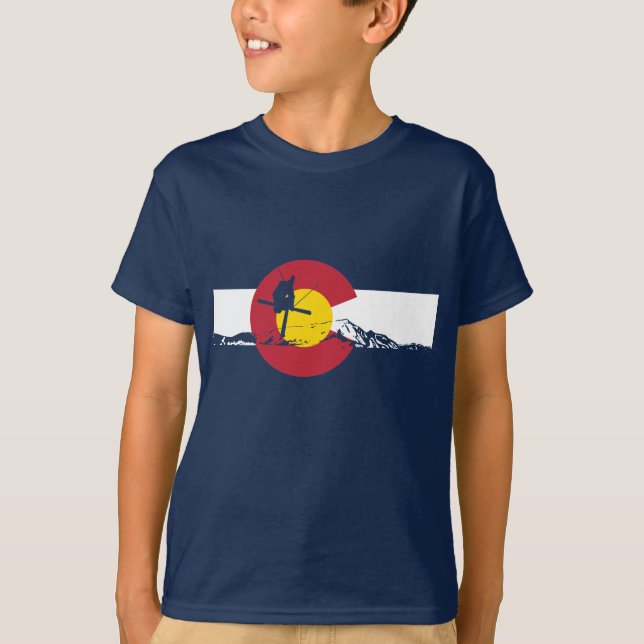 Colorado Flag T-Shirt - Skier - Rocky Mountains (Front)