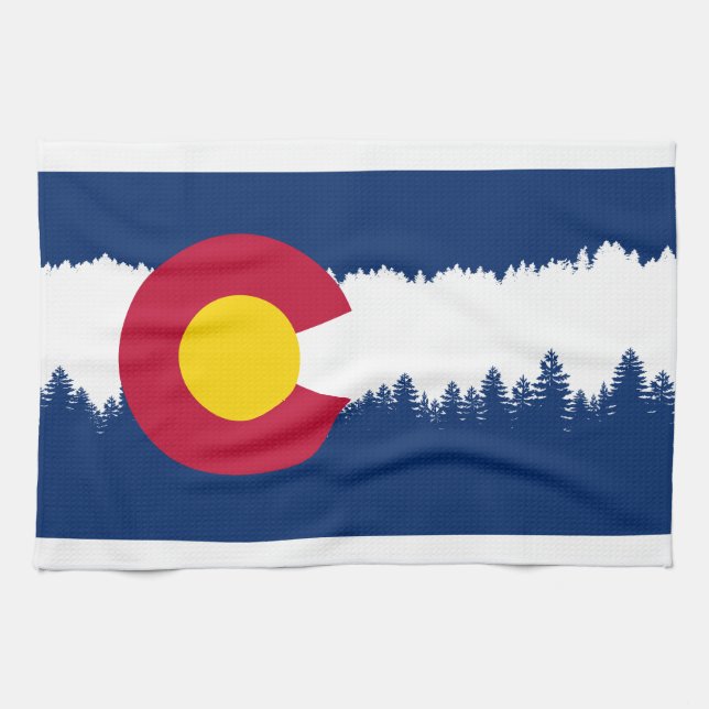 Colorado Flag Treeline Silhouette Tea Towel (Horizontal)