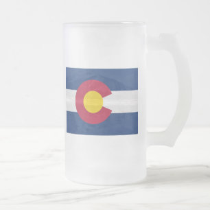Colorado flag with mountain background frosted glass beer mug