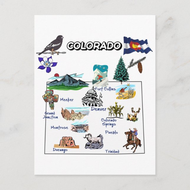 Colorado Map with Tourist Destinations Postcard (Front)