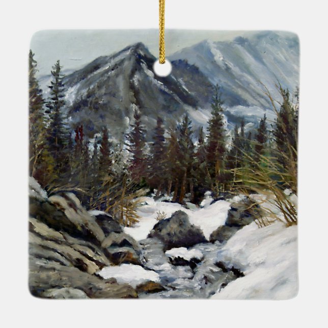Colorado Mountain with Snow in Winter Ceramic Ornament (Back)