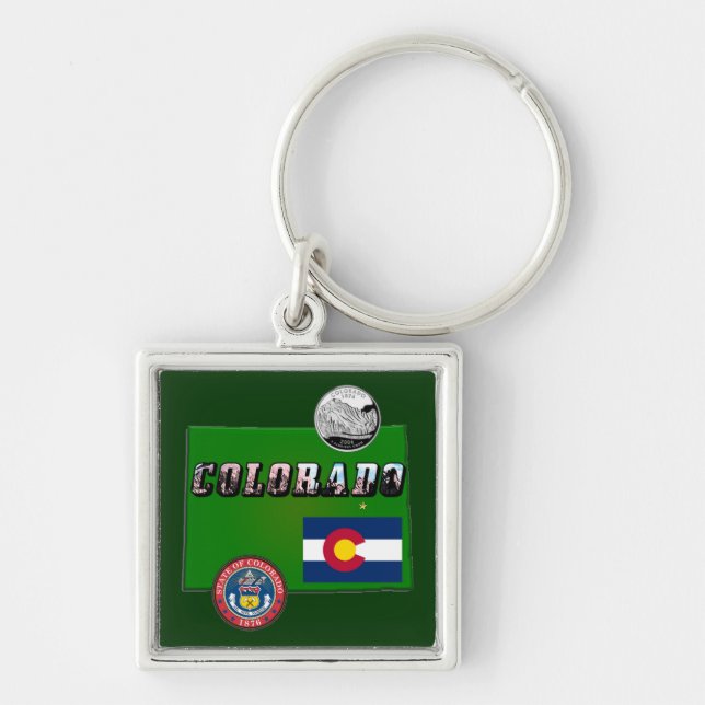 Colorado Picture Text, Flag, Seal, Quarter, Map Key Ring (Front)