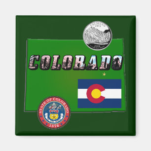 Colorado Picture Text, Flag, Seal, Quarter, Map Magnet