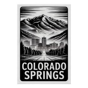 Colorado Springs Colorado Black White Woodcut Poster