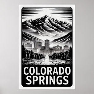 Colorado Springs Colorado Black White Woodcut Poster