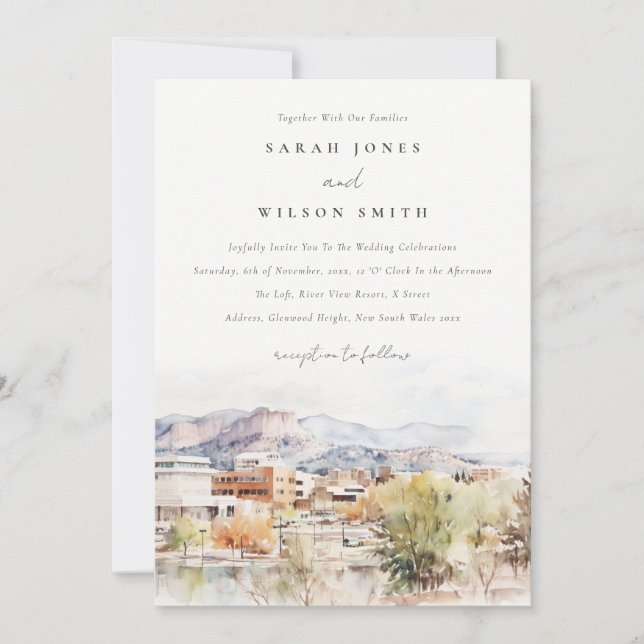 Colorado Springs, Colorado Watercolor Wedding Invitation (Front)