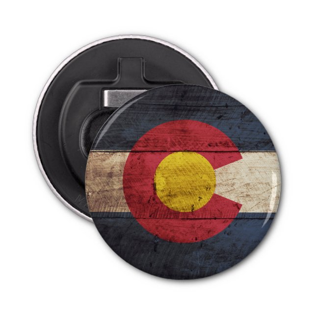 Colorado State Flag on Old Wood Grain Bottle Opener (Front)