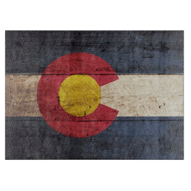 Colorado State Flag on Old Wood Grain Cutting Board (Front)