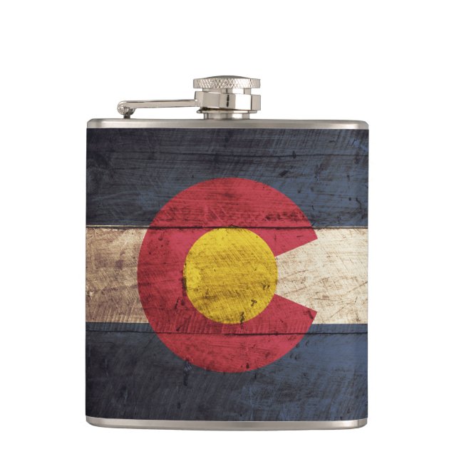Colorado State Flag on Old Wood Grain Hip Flask (Front)
