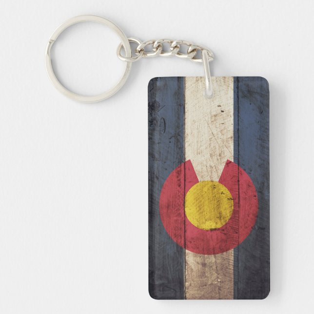 Colorado State Flag on Old Wood Grain Key Ring (Front)