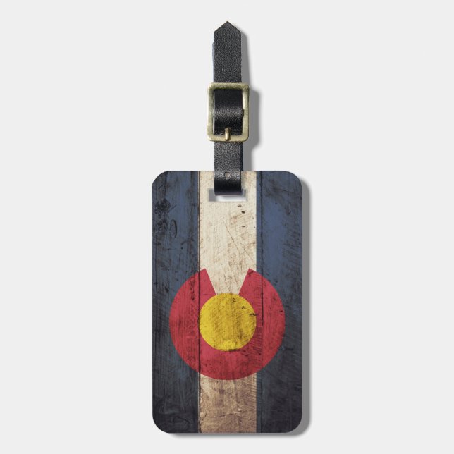 Colorado State Flag on Old Wood Grain Luggage Tag (Front Vertical)