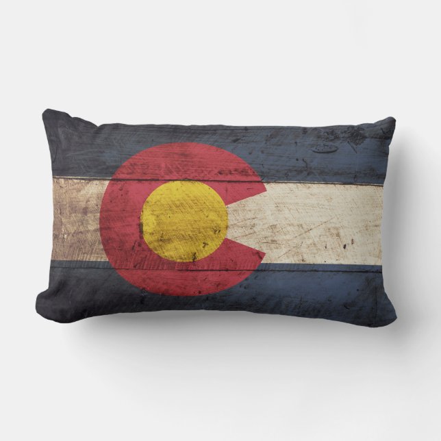 Colorado State Flag on Old Wood Grain Lumbar Cushion (Front)