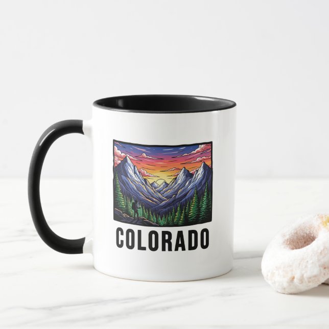 Colorado State Tattoo Style Rocky Mountains Sunset Mug (With Donut)