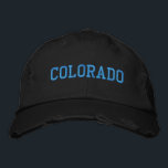 COLORADO Turquoise Embroidery Black Vintage Style Embroidered Hat<br><div class="desc">COLORADO Turquoise Embroidery on Black vintage style distressed cotton hat. Makes a wonderful gift for anybody who loves Colorado! If you would prefer to have your personal text then simply select "Personalise this template" details button to enter your choice of custom text. Embroidery is also customisable to other colour choices...</div>
