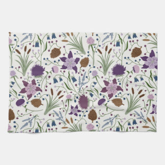 Colorado Wild Flowers, Columbine, Pinecones Tea Towel