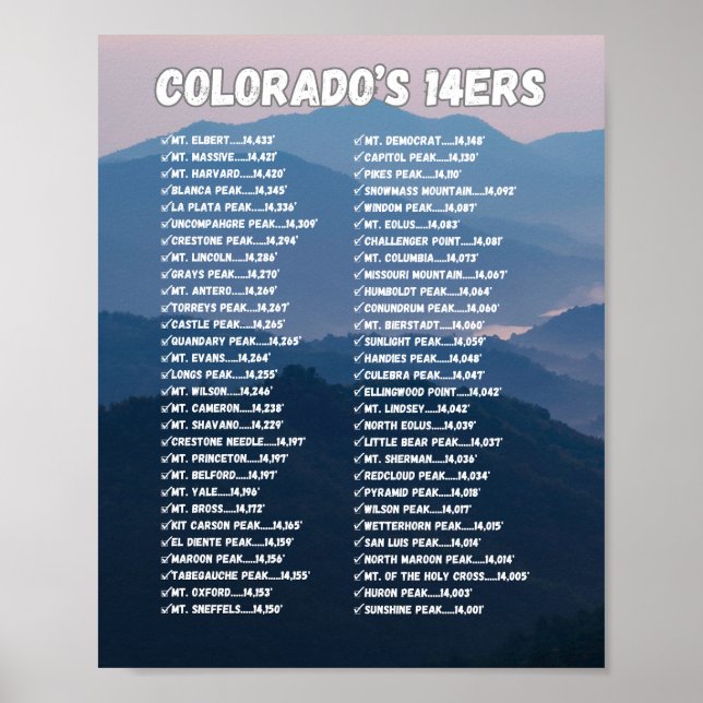 Colorado's 14ers Poster - Customisable Checklist (Front)