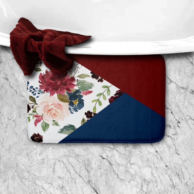 Colorblock Boho Bloom | Burgundy and Navy Pattern Bath Mat (Creator Uploaded)
