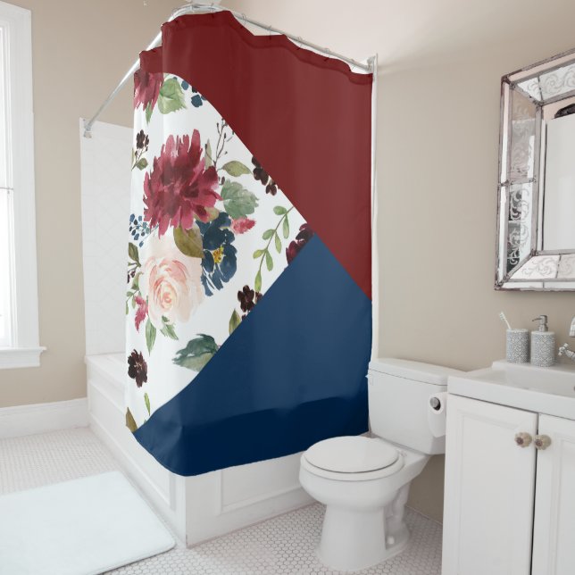 Colorblock Boho Bloom | Burgundy and Navy Pattern Shower Curtain (In Situ)
