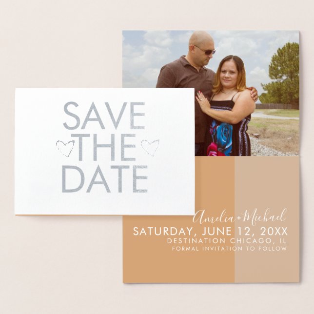 Colorblock Hearts Save the Date Photo   Card (Display)