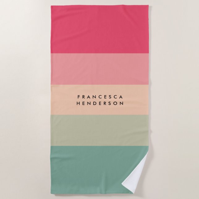 Colorblock Horizontal Stripe Pink & Green Monogram Beach Towel (Front)