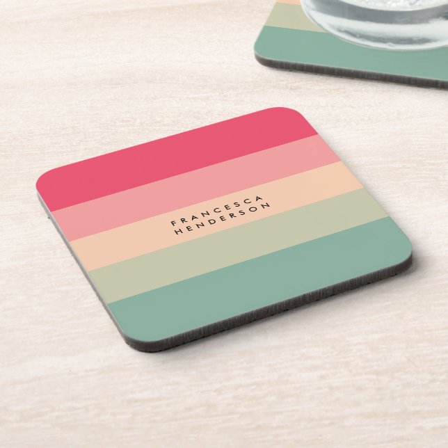 Colorblock Horizontal Stripe Pink & Green Monogram Coaster (Left Side)