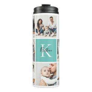 Colorblock Monogram Family Photo Collage Aqua Thermal Tumbler