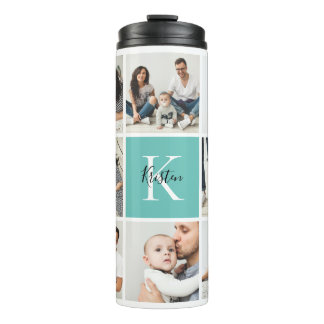 Colorblock Monogram Family Photo Collage | Aqua Thermal Tumbler