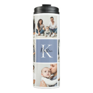 Colorblock Monogram Family Photo Collage   Blue Thermal Tumbler
