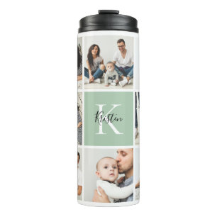 Colorblock Monogram Family Photo Collage   Sage Thermal Tumbler