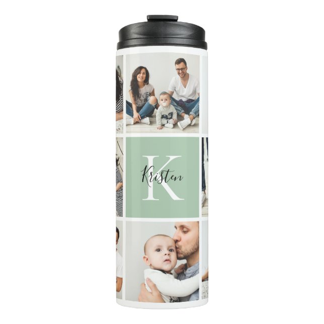 Colorblock Monogram Family Photo Collage | Sage Thermal Tumbler (Front)