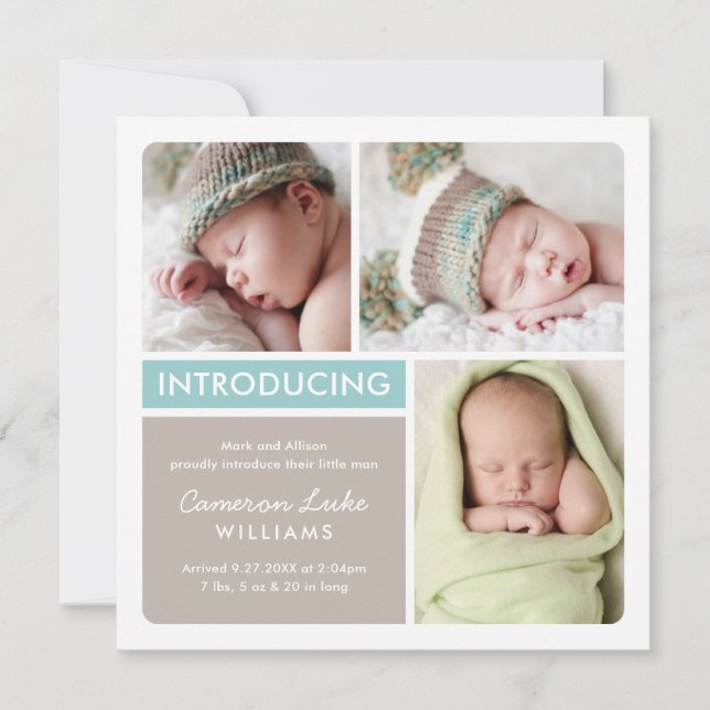 Colorblock Photo Collage Aqua Baby Boy Birth Announcement (Front)