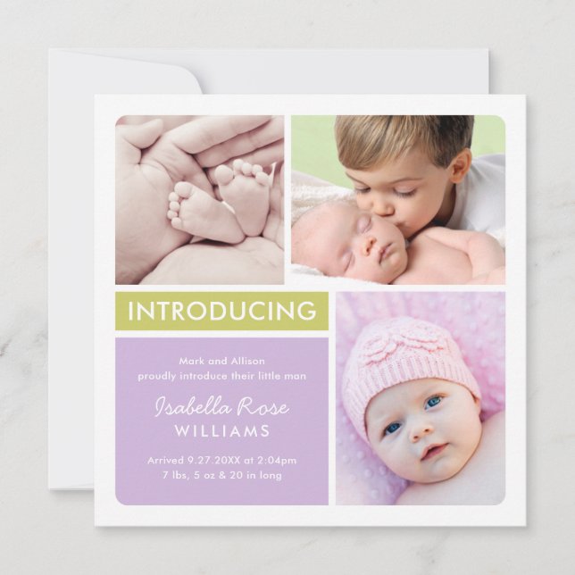 Colorblock Photo Collage Purple Baby Girl Birth Announcement (Front)