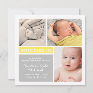 Colorblock Photo Collage Yellow Baby Birth Announcement
