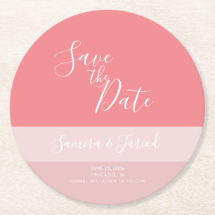 Colorblock Three Tone Pink Save the Dates Round Paper Coaster