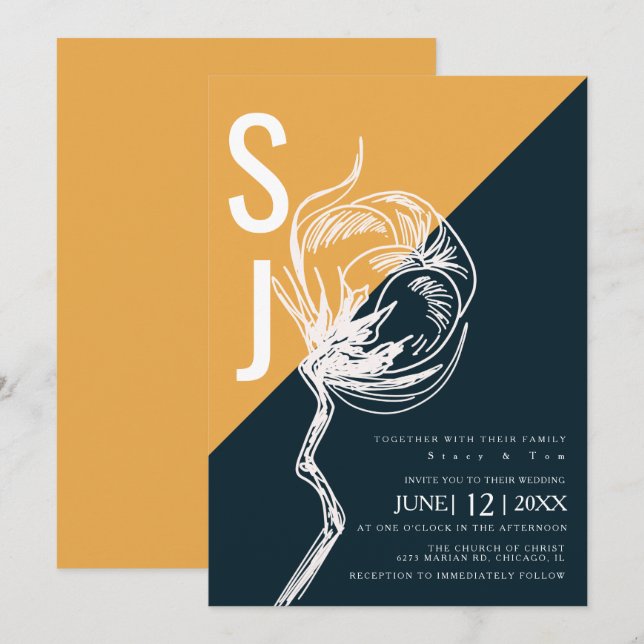Colorblock Typography Botanical Cotton Wedding Inv Invitation (Front/Back)