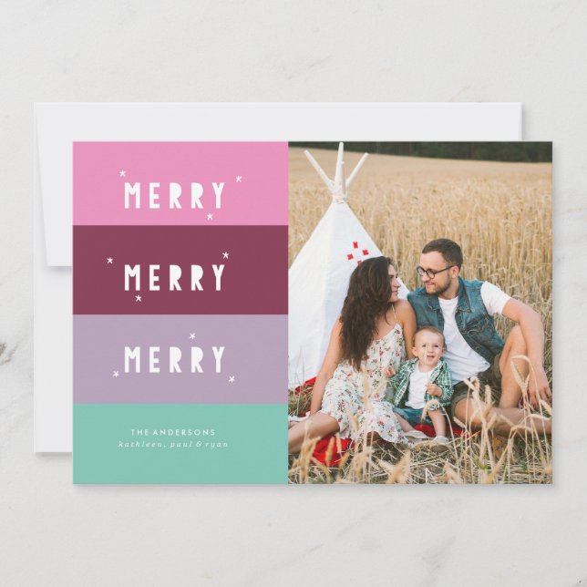 Colorblocked MERRY MERRY MERRY Christmas Card (Front)