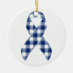 Colorectal Cancer Awareness Plaid Dark Blue Ribbon Ceramic Tree Decoration