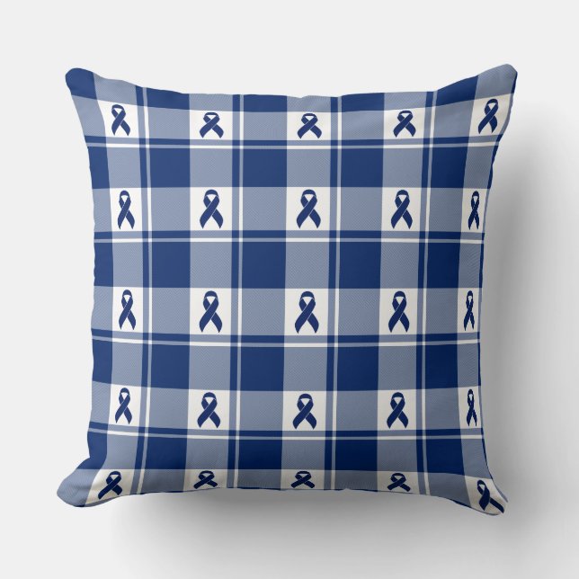 Colorectal Cancer Awareness Plaid Dark Blue Ribbon Cushion (Front)