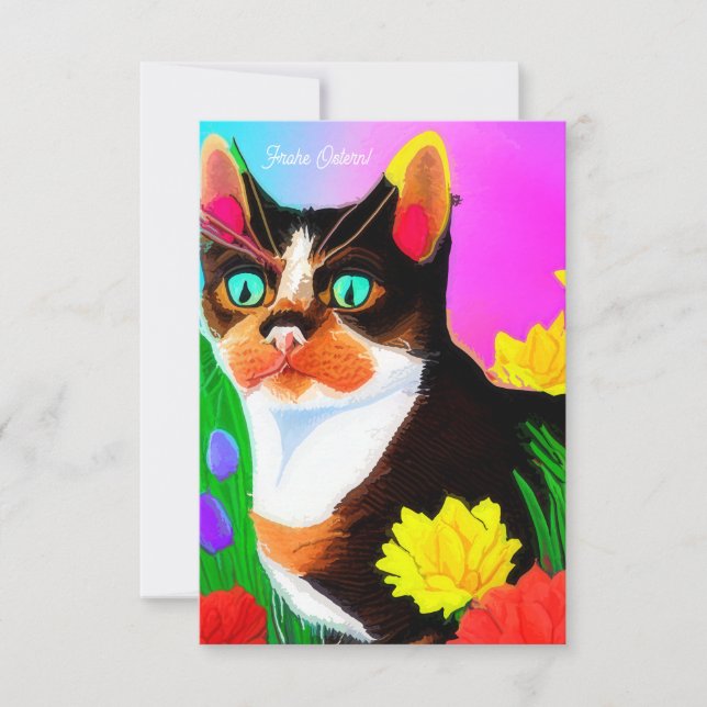 Colored Cat and Flowers Easter Map Card (Front)